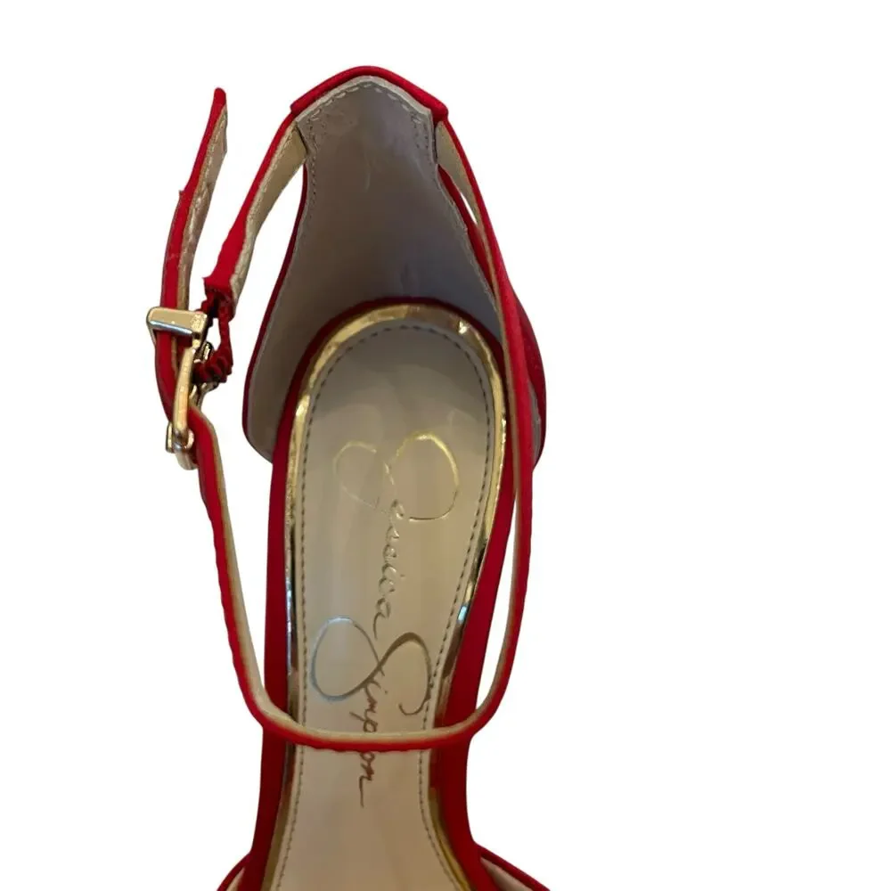 Jessica Simpson Wolistie Ankle Strap Dress Pumps Red Feather Pom Pom Size 6 NEW